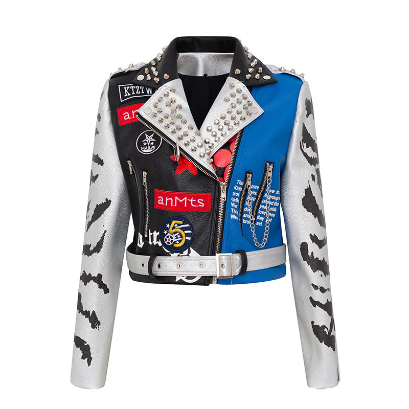 KIKIMORA Graffiti Print Leather Jacket