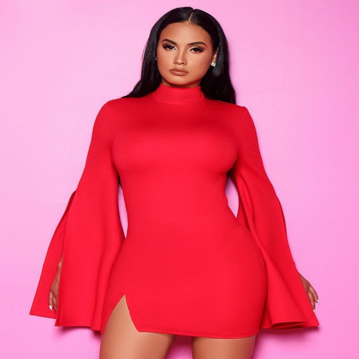 KIKIMORA Split Flared Long Sleeve Dress