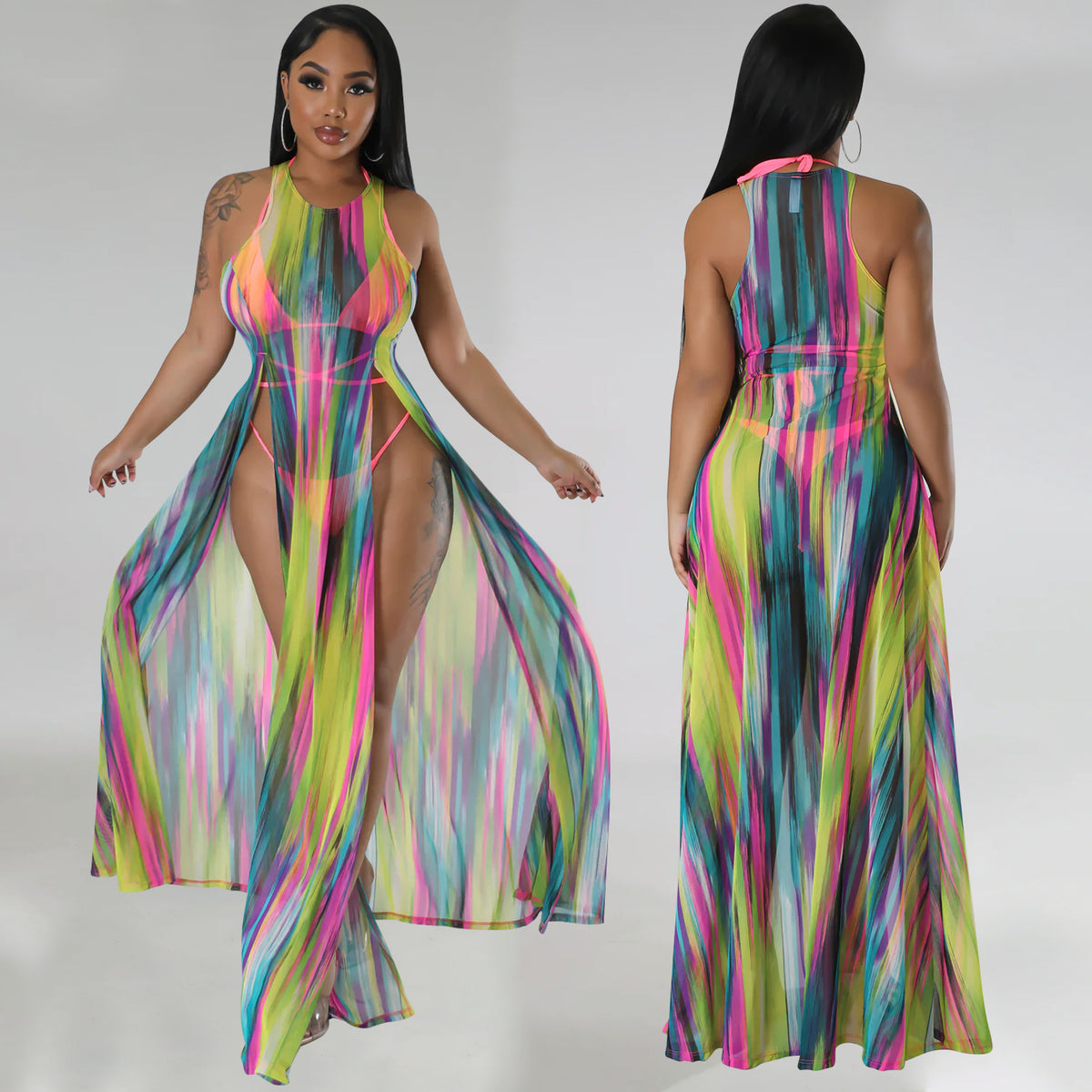 Traje de baño con vestido transparente de malla Traje de tres piezas