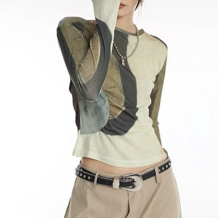Camiseta de manga larga con cuello redondo y estampado teñido anudado en contraste de mujer