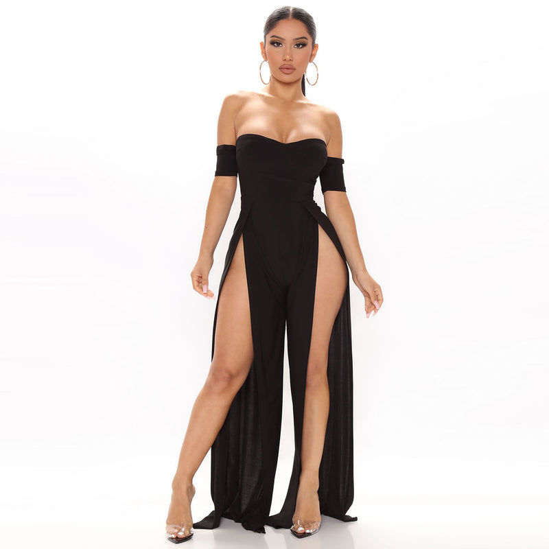 KIKIMORA Off-shoulder slit pants jumpsuit 