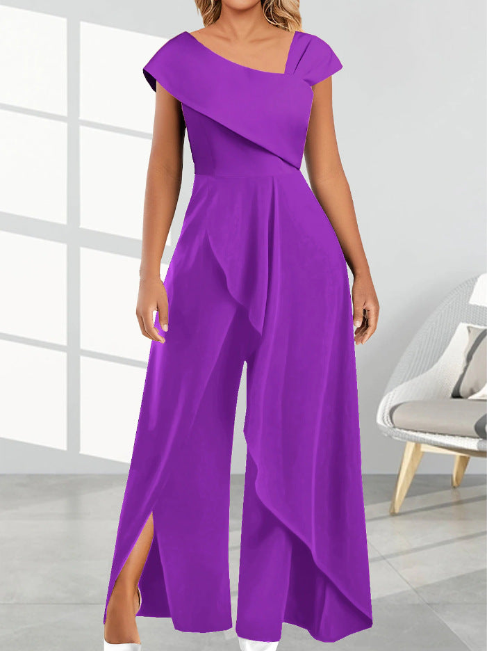 KIKIMORA Diagonal Collar Solid Color Jumpsuit