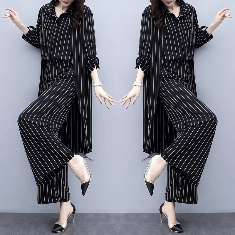 KIKIMORA Loose Black Striped Cardigan Two-piece Set