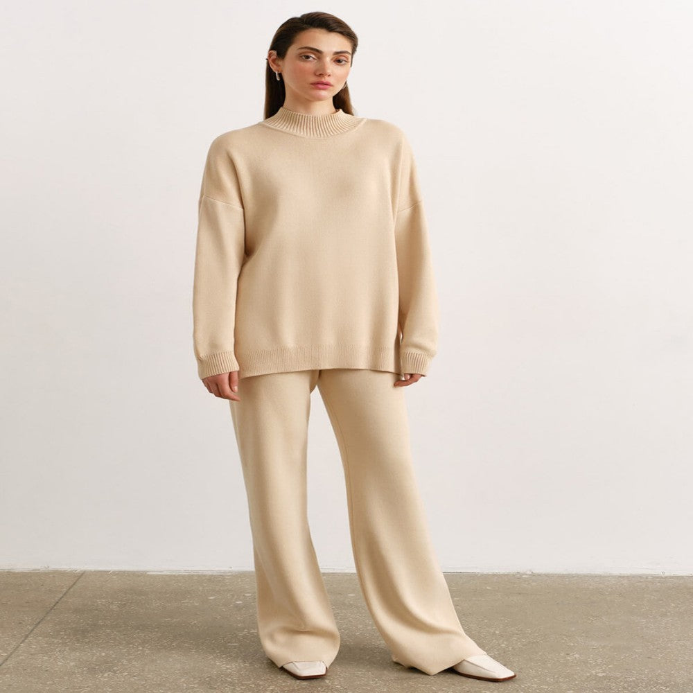 KIKIMORA Solid Color Knitted Turtleneck Slit Sweater Suit