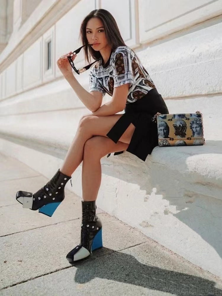 Square toe wedge ankle boots with studs and zip fastening.