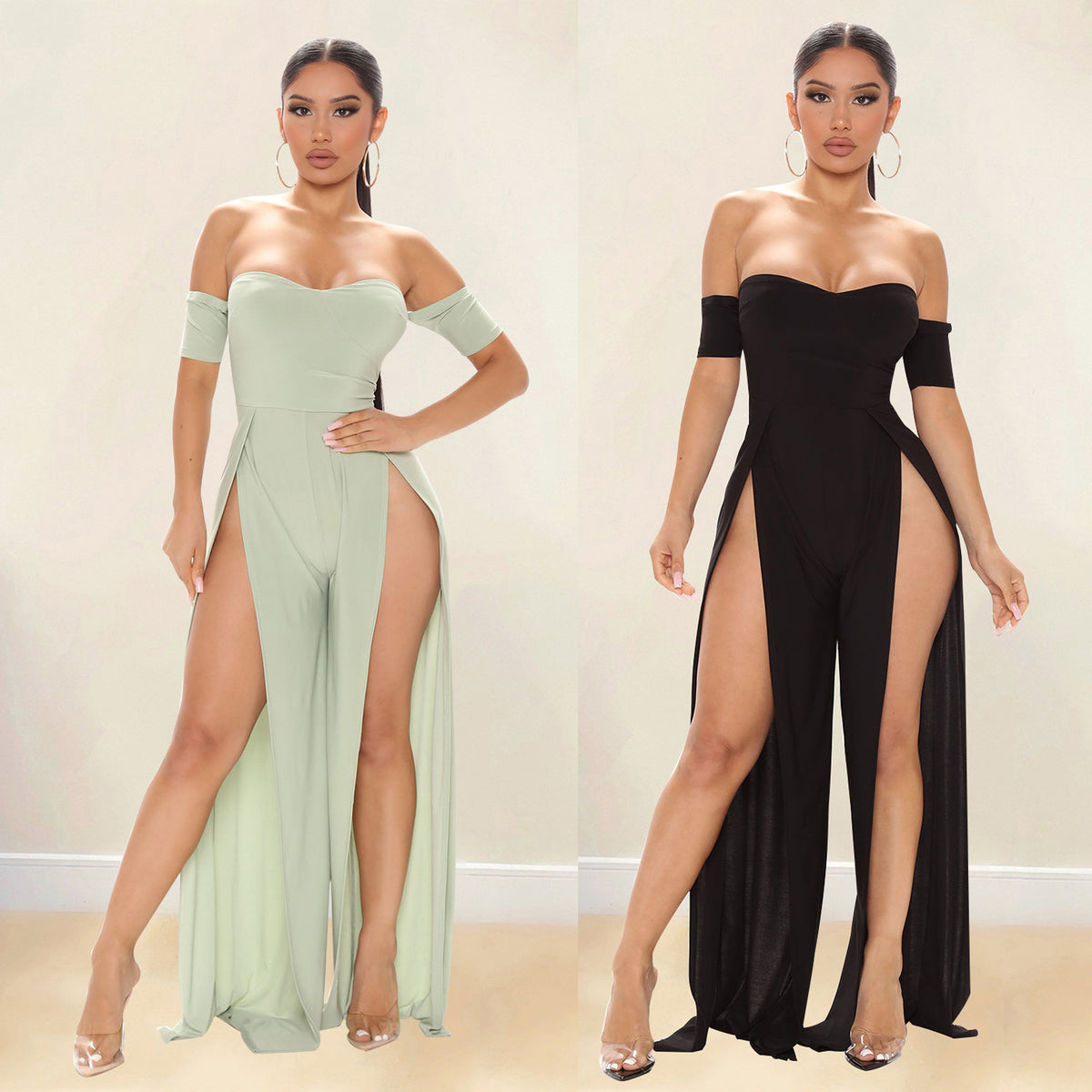 KIKIMORA Off-shoulder slit pants jumpsuit