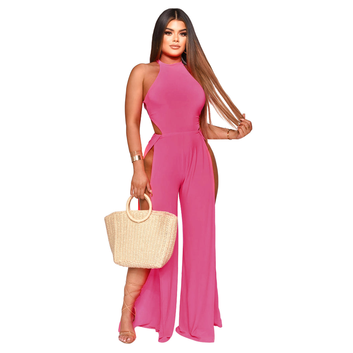 Lace-up Back Jumpsuit Split Leg