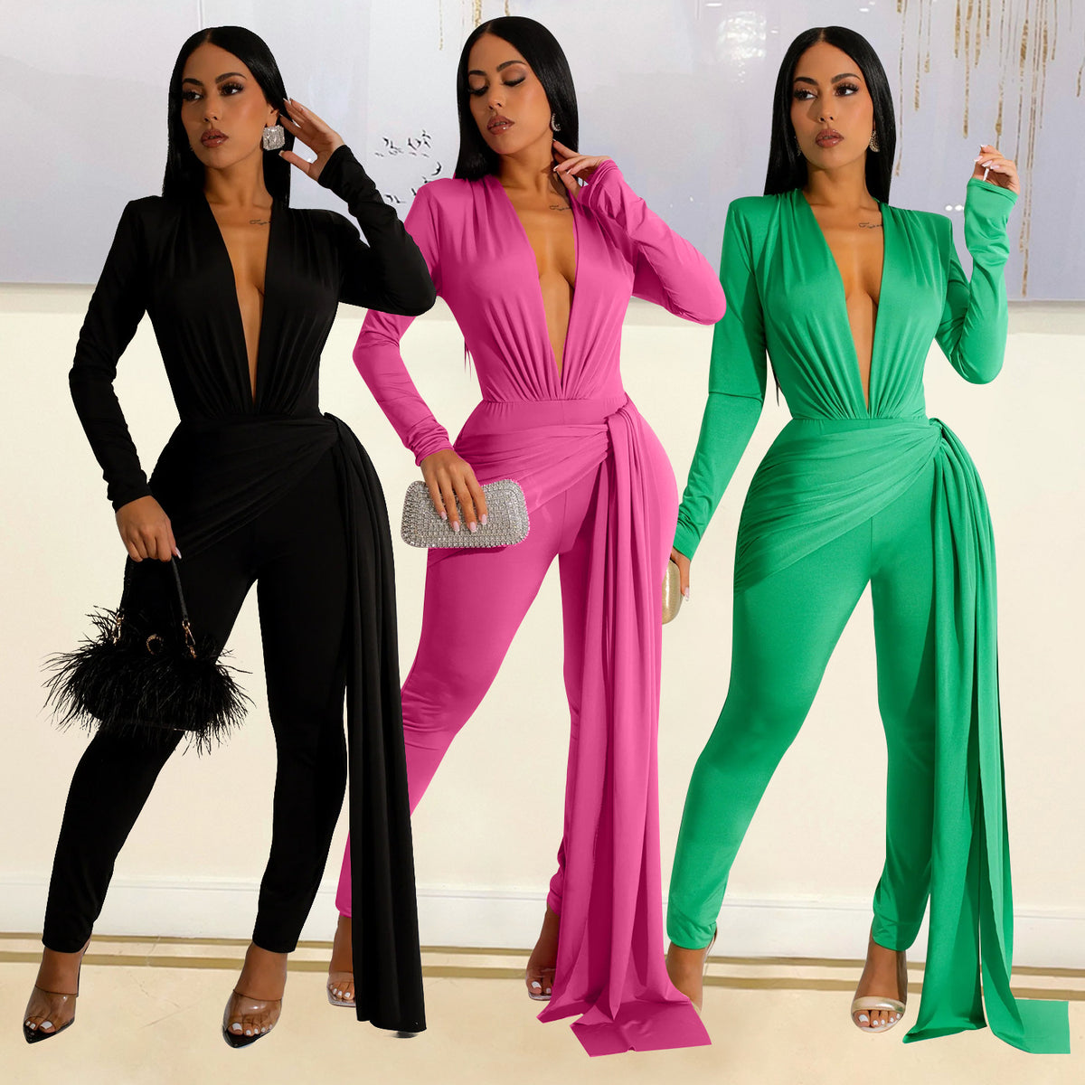 KIKIMORA Skinny V-neck Long Sleeve Jumpsuit