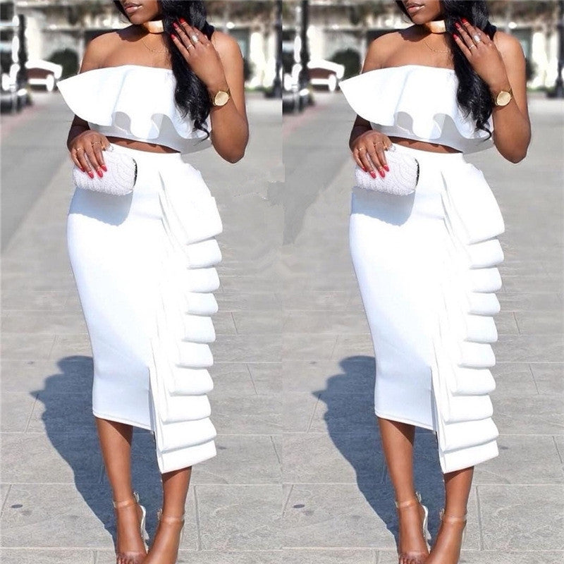 Solid high-waisted skirt and mini top.