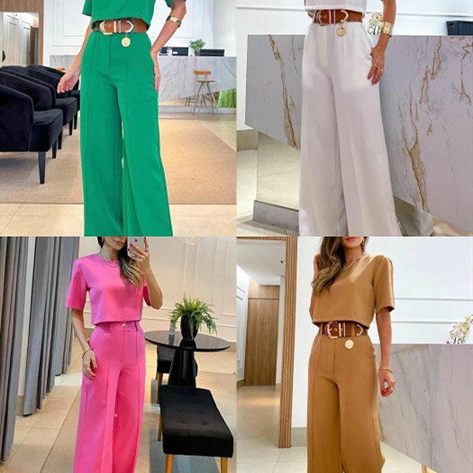 KIKIMORA Solid Color Casual Wide Leg Trousers & Short Sleeve Top