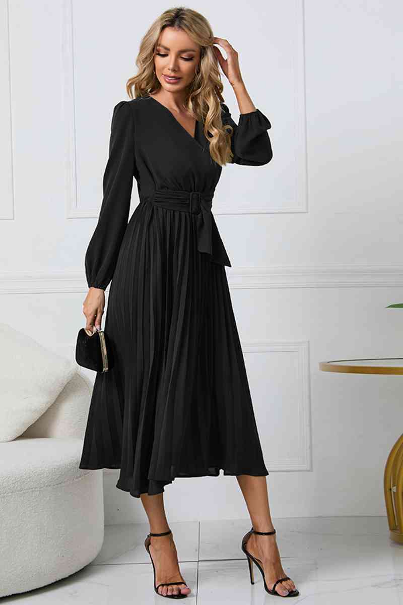 KIKIMORA Robe mi-longue à col en V et manches longues avec lien à la taille